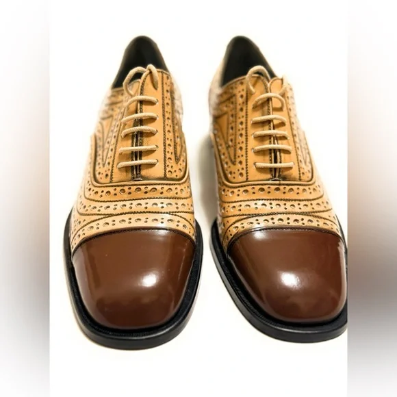 Stephane Kelian Paris TwoTone Oxford Tan & Brown Brogue Leather Classics Women 9 - Picture 5 of 10